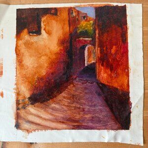 Original Signed Elaine Finsilver Painting Warm Alleyway Scene in Reds and Ochre